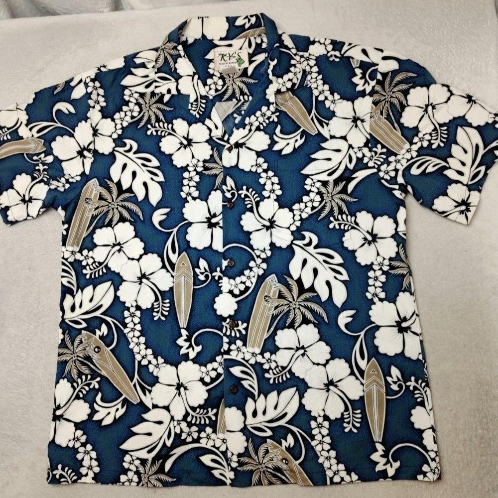 Vintage KYS Shirt Mens Large Blue Floral Hawaiian Button Short Sleeve Cotton USA
